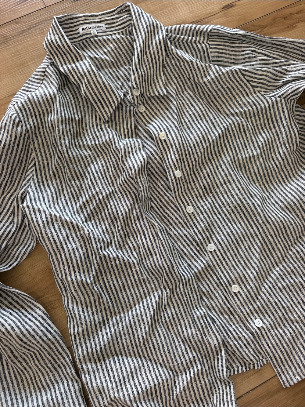 Reformation Women’s navy and White Striped Linen Button-Down Shirt